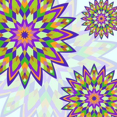 Parlak renkli bir arka plan ve gri bir arka planda oryantal mandalas süsleri. Herhangi bir yüzey için şablon, kartlar, davetiyeler, afişler, el ilanları. Vektör illüstrasyonu.