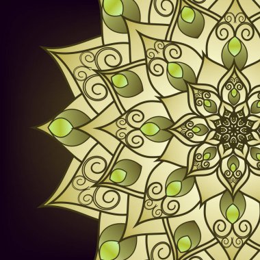 Broşür, mandala yeşili çiçek desenli kartpostal, doğu tasarımı. Şablon, İslam, Arap, Hintli, Osmanlı, Asya motifleri. İlk ve son sayfalar. Kullanımı ve düzenlemesi kolay. Vektör grafikleri