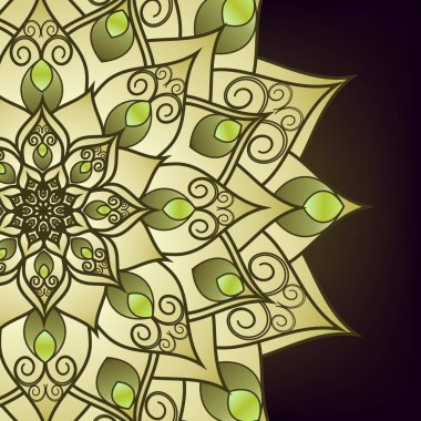 Broşür, mandala yeşili çiçek desenli kartpostal, doğu tasarımı. Şablon, İslam, Arap, Hintli, Osmanlı, Asya motifleri. İlk ve son sayfalar. Kullanımı ve düzenlemesi kolay. Vektör grafikleri