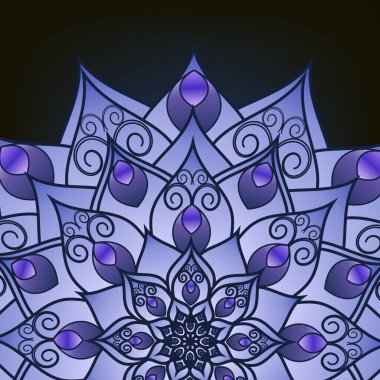 Broşür, mandala mor çiçekli kartpostal, oryantal tasarım. Şablon, İslam, Arap, Hintli, Osmanlı, Asya motifleri. İlk ve son sayfalar. Kullanımı ve düzenlemesi kolay. Vektör grafikleri