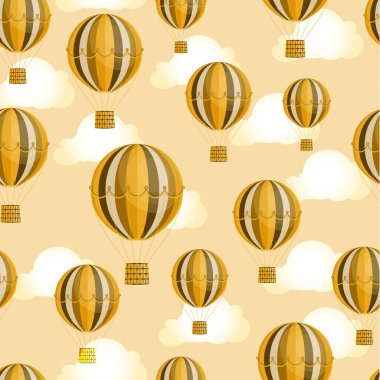 Gökyüzü arka planında dikişsiz büyük bir balon deseni var. Kumaş ve kağıt için kaplama. Vektör illüstrasyonu