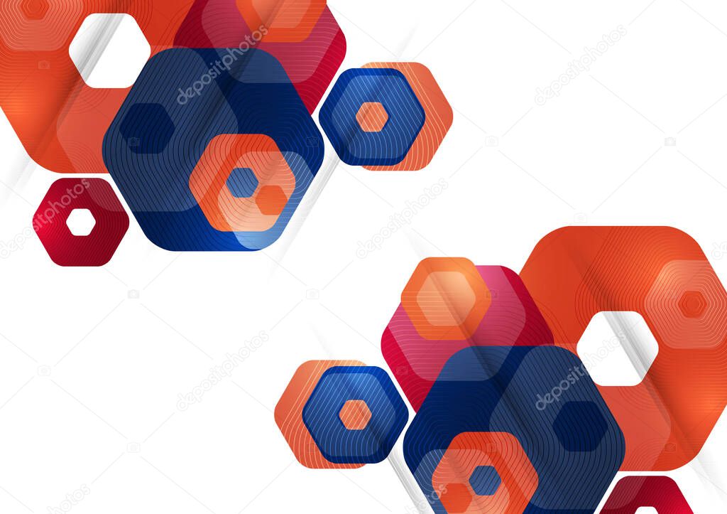 Bright abstract background of rounded multicolored hexagons. Business presentation template. Modern geometric design. Vector illustration