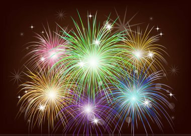 Gece gökyüzünde parlak renkli havai fişekler. Tatil, eğlence. Tasarımınız için vektör illüstrasyonu.