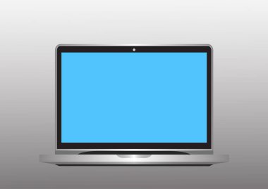 Açık dizüstü bilgisayar, alüminyum çanta, boş ekran, arka planda izole edilmiş. Proje sunumu için kullanılabilir. Boş bir cihazın maketi. Vektör illüstrasyonu