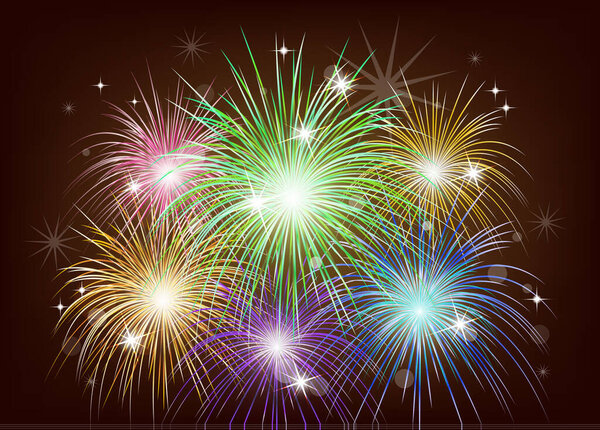 Яркий красочный фейерверк в ночном небе. Праздник, весело. Векторная иллюстрация для вашего дизайна.