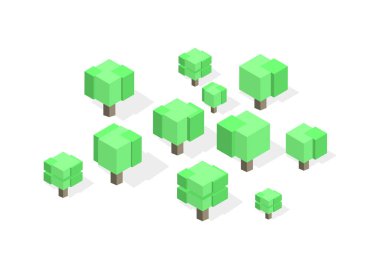 Yaratıcı kare küp ağaçlar. Oyun tasarımı için farklı ahşap türlerinin Isometric vektör çizimi. Vektör grafikleri.