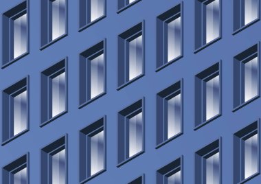 Birçok penceresi olan modern bir ofis binasının duvarı. Ön cephenin parlak renkleri, pencerelerde parlama. Vektör illüstrasyonu.