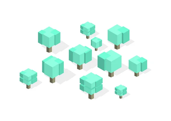 Творческие Квадратные Кубические Деревья Изометрическая Векторная Иллюстрация Различных Видов Древесины — стоковый вектор