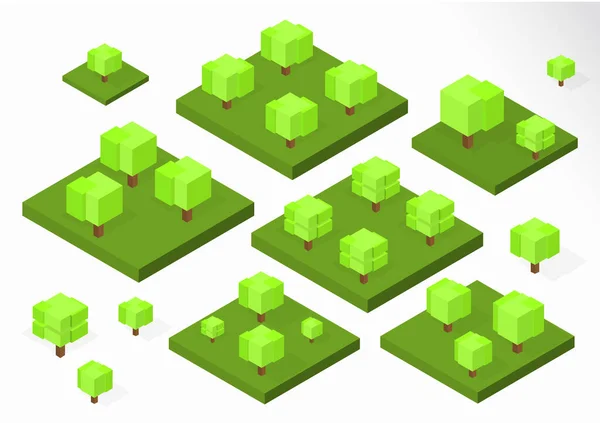 Arbres Cubiques Carrés Créatifs Illustration Vectorielle Isométrique Différents Types Bois — Image vectorielle