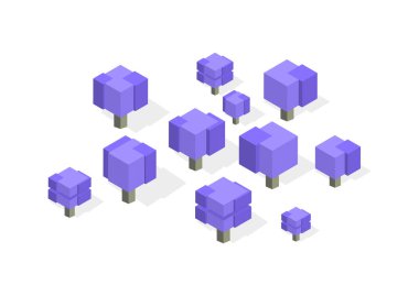 Yaratıcı kare küp ağaçlar. Oyun tasarımı için farklı ahşap türlerinin Isometric vektör çizimi. Vektör grafikleri.
