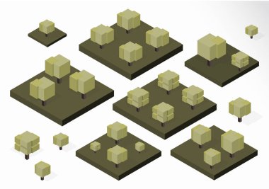 Yaratıcı kare küp ağaçlar. Oyun tasarımı için farklı ahşap türlerinin Isometric vektör çizimi. Vektör grafikleri.