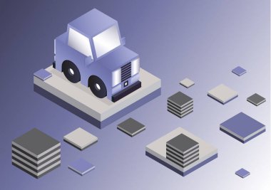 Daire şeklinde parlak çizgi film oyun arabası. Küpler. Isometric oyun tasarımı. Vektör grafikleri.