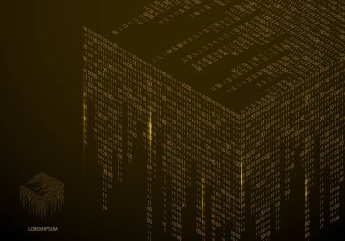 Küpün kenarlarına 1 ve 0 sayılarının kodlama sembolleri olan soyut doku. Dijital teknoloji. Modern tasarım element vektörü. - Vektör grafikleri