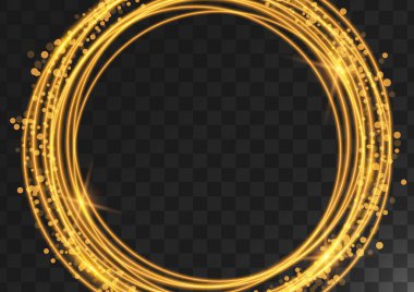 Koyu şeffaf bir arkaplanda parıltılı, parıltılı altın yüzüklerden oluşan bir çerçeve. Vektör illüstrasyonu.