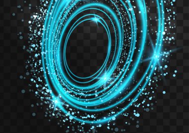 Parlak mavi oval halkalardan oluşan bir çerçeve, parlak, parlak ve koyu şeffaf bir arkaplanda parlıyor. Vektör illüstrasyonu.