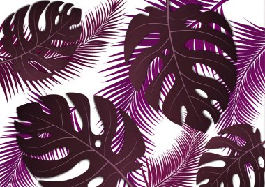 Tropik parlak broşür, canavar yapraklı ve palmiye ağaçlı broşür. Egzotik tropikal baskı. Egzotik tarzda bir partiye davetiye. Vektör illüstrasyonu.