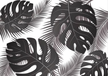 Tropik parlak broşür, canavar yapraklı ve palmiye ağaçlı broşür. Egzotik tropikal baskı. Egzotik tarzda bir partiye davetiye. Vektör illüstrasyonu.