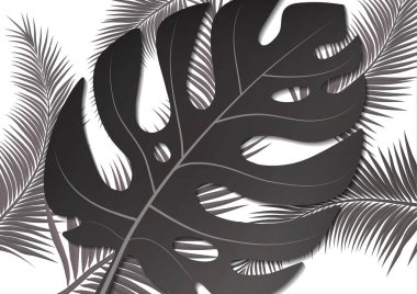 Tropik parlak broşür, canavar yapraklı ve palmiye ağaçlı broşür. Egzotik tropikal baskı. Egzotik tarzda bir partiye davetiye. Vektör illüstrasyonu.