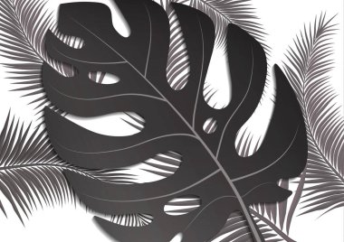 Tropik parlak broşür, canavar yapraklı ve palmiye ağaçlı broşür. Egzotik tropikal baskı. Egzotik tarzda bir partiye davetiye. Vektör illüstrasyonu.