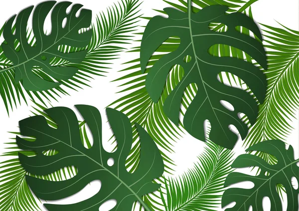 Folleto Tropical Brillante Volante Con Hojas Monstruo Palmeras Estampado Tropical — Vector de stock