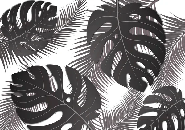 Tropik parlak broşür, canavar yapraklı ve palmiye ağaçlı broşür. Egzotik tropikal baskı. Egzotik tarzda bir partiye davetiye. Vektör illüstrasyonu.