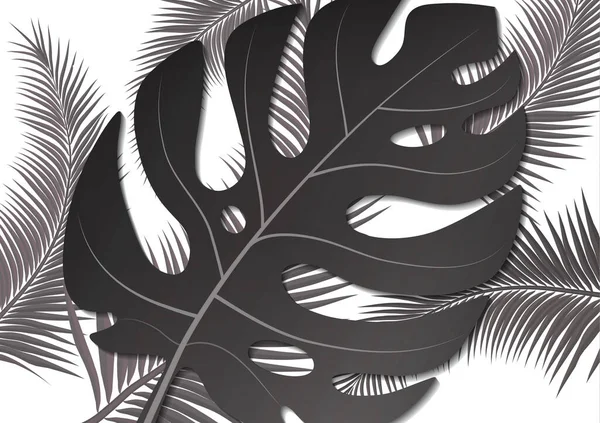 Tropik parlak broşür, canavar yapraklı ve palmiye ağaçlı broşür. Egzotik tropikal baskı. Egzotik tarzda bir partiye davetiye. Vektör illüstrasyonu.