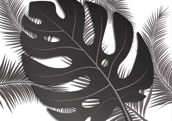 Tropik parlak broşür, canavar yapraklı ve palmiye ağaçlı broşür. Egzotik tropikal baskı. Egzotik tarzda bir partiye davetiye. Vektör illüstrasyonu.