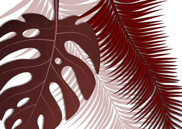 Tropik parlak broşür, canavar yapraklı ve palmiye ağaçlı broşür. Egzotik tropikal baskı. Egzotik tarzda bir partiye davetiye. Vektör illüstrasyonu.