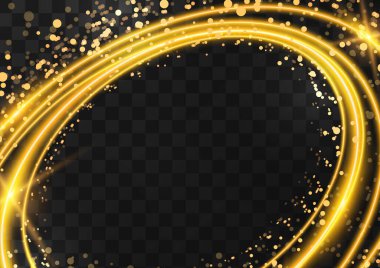 Koyu şeffaf bir arkaplanda parıltılı, parıltılı altın oval halkalardan yapılmış çerçeve. Vektör illüstrasyonu.