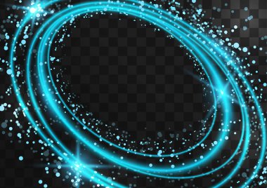 Parlak mavi oval halkalardan oluşan bir çerçeve, parlak, parlak ve koyu şeffaf bir arkaplanda parlıyor. Vektör illüstrasyonu.