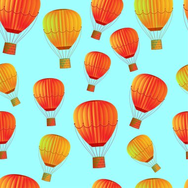 Gökyüzü arka planında dikişsiz büyük bir balon deseni var. Kumaş ve kağıt için kaplama. Vektör illüstrasyonu