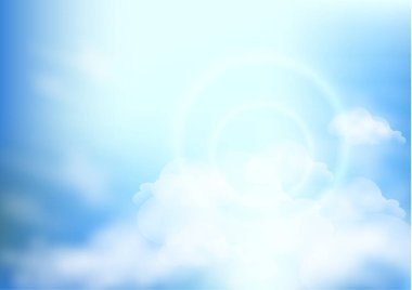 Mavi gökyüzü ve tüylü beyaz gerçekçi bulutları olan doğa manzarası. Vektör illüstrasyonu - Vektör grafikleri