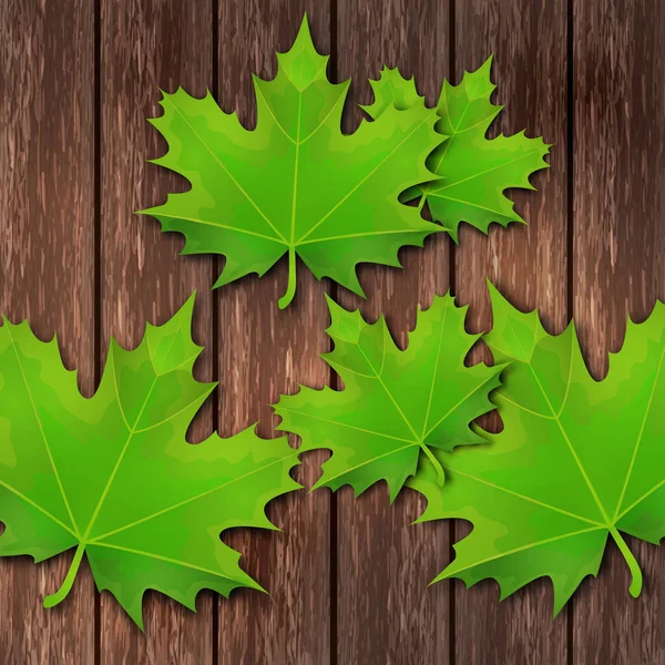 Bright Green Spring Maple Leaves Background Wooden Boards Template Banner — Stock Vector
