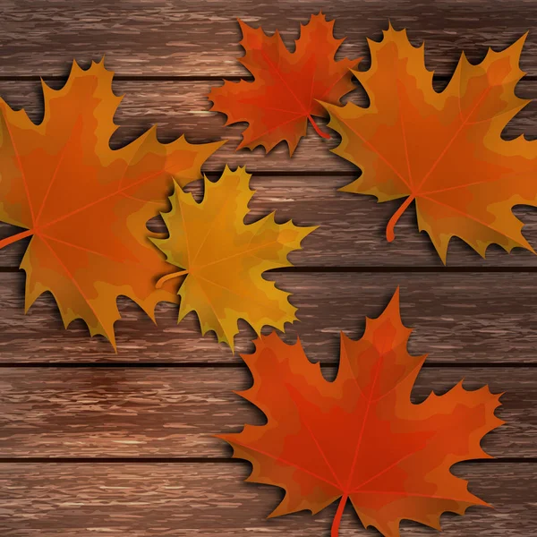 Bright autumn maple leaves on the background of wooden boards. Template for banner or advertisement for autumn seasonal discounts. Vector illustration for your design.