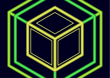 Soyut izometrik doğrusal logo, küp küp. Karanlık arka planda gelecekçi şirket simgesi. Neon renkleri. Tasarımınız için vektör illüstrasyonu.