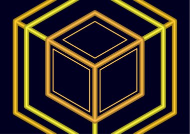 Soyut izometrik doğrusal logo, küp küp. Karanlık arka planda gelecekçi şirket simgesi. Neon renkleri. Tasarımınız için vektör illüstrasyonu.