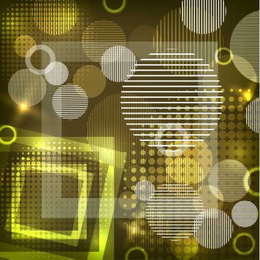 Daireleri, çizgileri ve kareleri olan parlak soyut doku. Yazdırma ve web için yüzey tasarımının vektör illüstrasyonu.