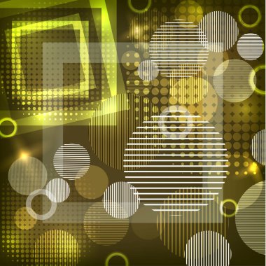 Daireleri, çizgileri ve kareleri olan parlak soyut doku. Yazdırma ve web için yüzey tasarımının vektör illüstrasyonu.