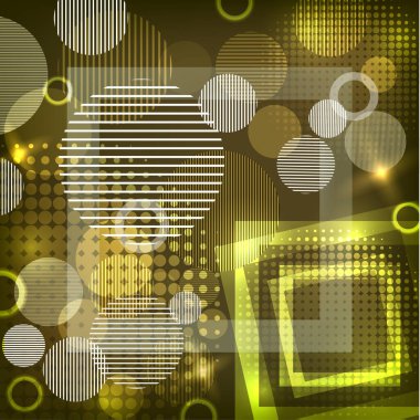 Daireleri, çizgileri ve kareleri olan parlak soyut doku. Yazdırma ve web için yüzey tasarımının vektör illüstrasyonu.