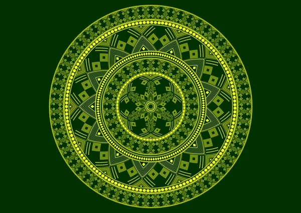 Mandala şeklinde yuvarlak bir desenin vektör yeşil arka planı. Eski dekoratif elementler. İslam, Arap, Hintli, Osmanlı motifleri. Tekstil, tebrik kartı, boyama kitabı için kullanılabilir