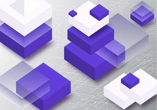 Blockchain konsept afişi. İzometrik bloklar, küpler birbirine bağlanır ve kripto zinciri oluşturur. Tasarımınız için vektör teknolojisi arkaplanı.