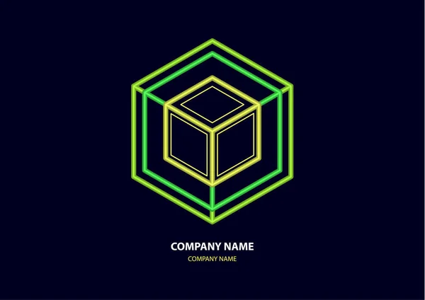 Abstract isometric linear logo, cubed cube. Futuristic company icon on dark background. Neon colors. Vector illustration for your design.