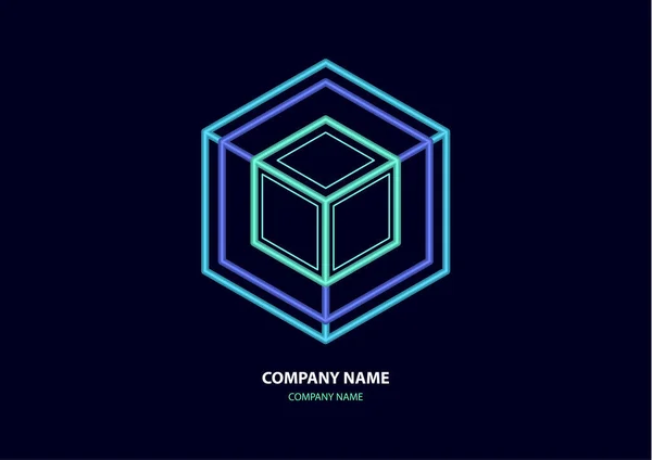 Abstract isometric linear logo, cubed cube. Futuristic company icon on dark background. Neon colors. Vector illustration for your design.
