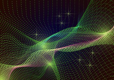 Dairelerden dalgalı çizgiler ve noktalarla dolu parlak dinamik bir zemin. Karanlık bir arkaplanda farklı ölçekte neon renkli parçacıklar. Tasarımınız için soyut teknoloji arkaplanının vektör illüstrasyonu.