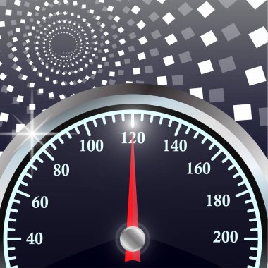 Soyut geometrik arkaplanda hız göstergesi. Krom çerçeveli yuvarlak siyah kalibre. Tasarımınız için vektör 3d illüstrasyon.