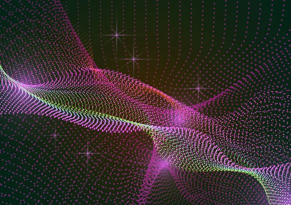 ドットから波状の線で明るいダイナミックな背景 暗い背景に異なるスケールのネオンカラーの粒子 あなたのデザインのための抽象技術の背景のベクトルイラスト — ストックベクタ