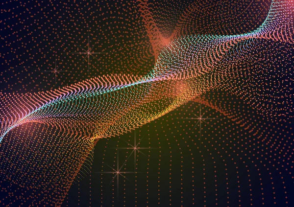 ドットから波状の線で明るいダイナミックな背景 暗い背景に異なるスケールのネオンカラーの粒子 あなたのデザインのための抽象技術の背景のベクトルイラスト — ストックベクタ