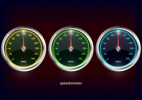 速度計 クロムフレームとラウンドブラック口径 明るいネオンスピード指標 あなたのデザインのためのベクトル3Dイラスト — ストックベクタ