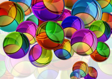 Gölgeli parlak çok renkli dairelerin yaratıcı vektör çizimi. Renklerin örtüsü sanatsal tasarımı oluşturur. Komik etiket şekli. Reklam veya baskı için grafik ögesi, soyut arkaplan şablonu tasarımı.