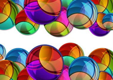 Gölgeli parlak çok renkli dairelerin yaratıcı vektör çizimi. Renklerin örtüsü sanatsal tasarımı oluşturur. Komik etiket şekli. Reklam veya baskı için grafik ögesi, soyut arkaplan şablonu tasarımı.